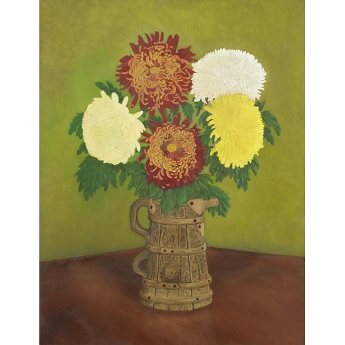 73 - Still life flowers in a jug, oil on board, bearing a signature M J Moore, framed, 45cm x 35cm