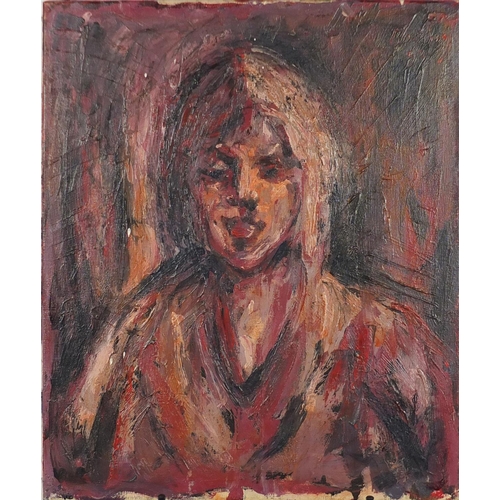 27 - Abstract composition, female portrait, oil on canvas, bearing an indistinct signature possibly Bomba... 