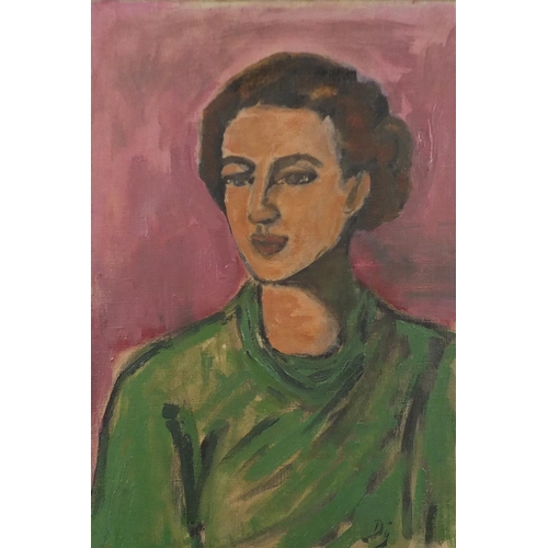 50 - Head and shoulders portrait of a female, oil on canvas, bearing a monogram DG, framed, 54cm x 37cm