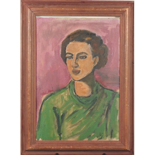 50 - Head and shoulders portrait of a female, oil on canvas, bearing a monogram DG, framed, 54cm x 37cm