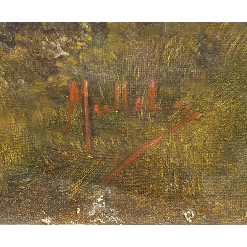 48 - Figure harvesting beside woodland, oil on canvas, bearing a signature possibly Mullolz, framed, 91cm... 
