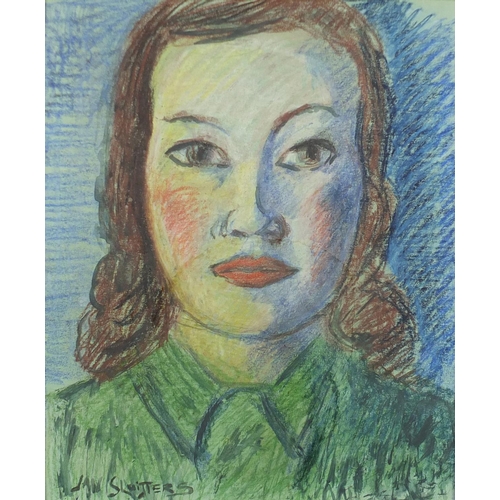 72 - Head and shoulders portrait of a female, mixed media, bearing a signature Ian Sluitters, framed, 41c... 