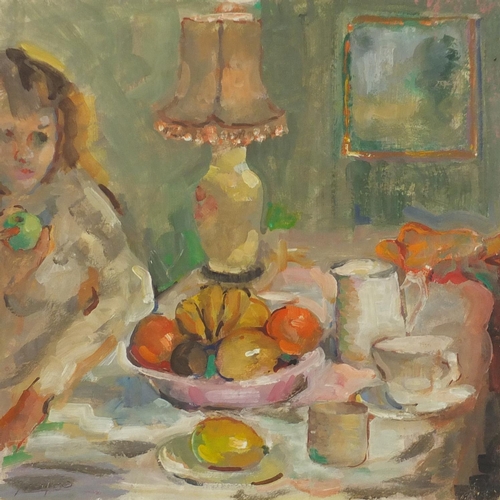 24 - Young female at a dining table, oil on board, bearing an indistinct signature, framed, 40.5cm x 40.5... 