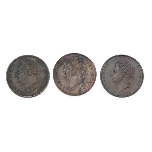 230 - Three George IV farthings comprising dates 1825, 1826 and 1826