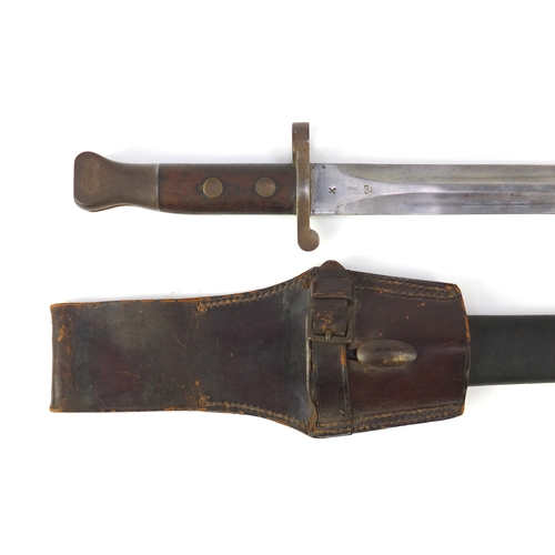 308 - British Military interest bayonet with scabbard and leather frog, the bayonet impressed S4SWB, 44cm ... 