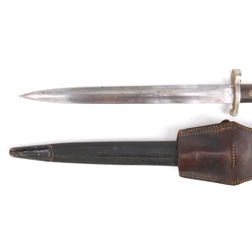 308 - British Military interest bayonet with scabbard and leather frog, the bayonet impressed S4SWB, 44cm ... 