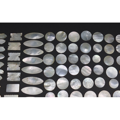 493 - Collection of Chinese Canton mother of pearl gaming counters, some engraved with pagodas, the larges... 