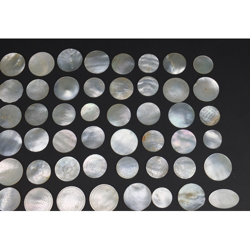 493 - Collection of Chinese Canton mother of pearl gaming counters, some engraved with pagodas, the larges... 