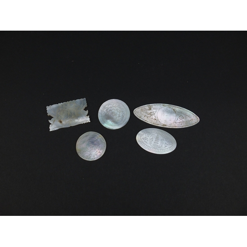 493 - Collection of Chinese Canton mother of pearl gaming counters, some engraved with pagodas, the larges... 