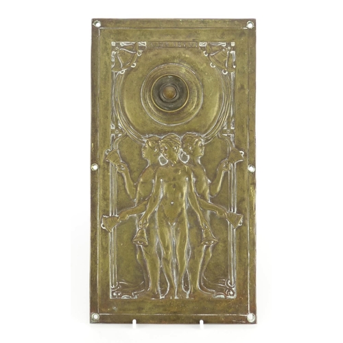 721 - Art Nouveau bronze doorbell plate, cast with three nude young boys, Uno Ittu, 35.5cm x 19.5cm