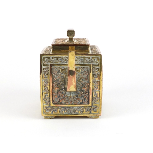 469 - Chinese copper and brass archaic style teapot with square body, 13cm high