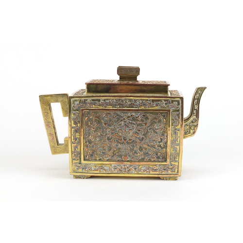 469 - Chinese copper and brass archaic style teapot with square body, 13cm high