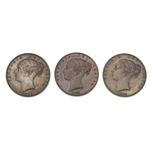 235 - Three Victoria Young Head farthings comprising dates 1842, 1843 and 1845