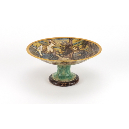 635 - Antique Italian Maiolica tazza by Emile Lessore, hand painted with two figures before a landscape, s... 