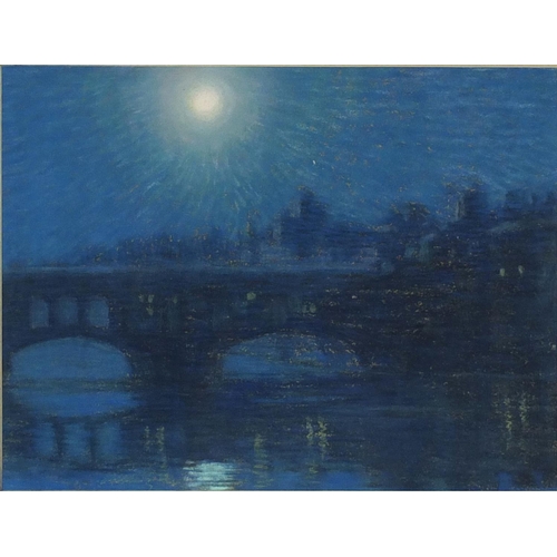 2281 - Bridge over the Thames in moonlight, coloured chalks, bearing an indistinct signature, mounted and f... 