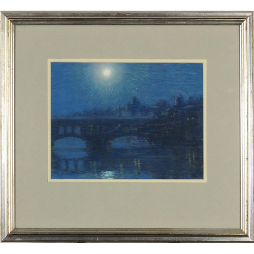2281 - Bridge over the Thames in moonlight, coloured chalks, bearing an indistinct signature, mounted and f... 