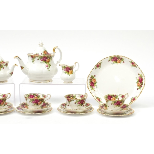 2219 - Royal Albert Old Country Roses six place tea service including teapot and trio's, the teapot 18cm hi... 