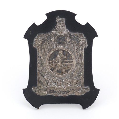 2593 - Military interest silver boxing trophy, mounted on an ebonised easel stand, 15cm high