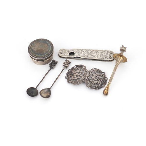 2571 - Silver objects including opium spoons, silver flanked cigar cutter and circular pill box, various ha... 