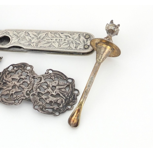 2571 - Silver objects including opium spoons, silver flanked cigar cutter and circular pill box, various ha... 