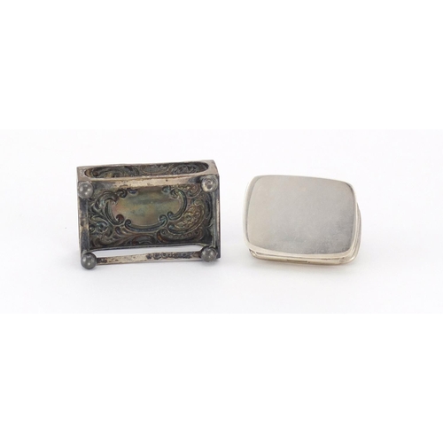 2576 - Rectangular silver matchbox case and a pill box with marcasite cat lid, the largest 4.5cm wide, 28.2... 