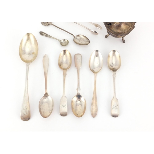 2606 - Victorian and later silver spoons, sugar tongs and a mustard with hinged lid, various hallmarks, the... 