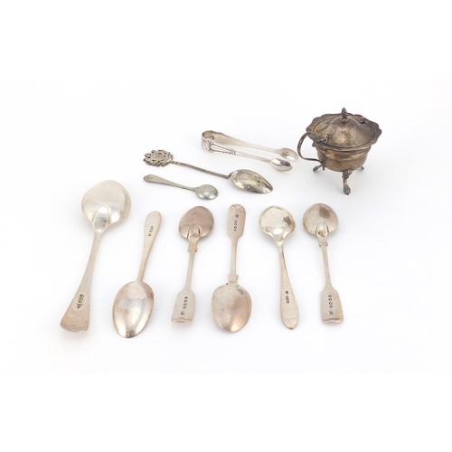 2606 - Victorian and later silver spoons, sugar tongs and a mustard with hinged lid, various hallmarks, the... 