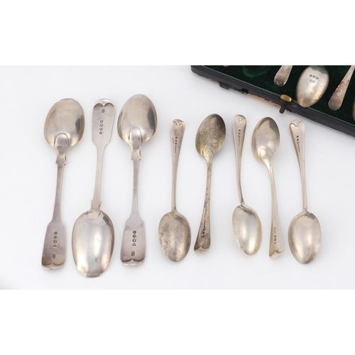 2605 - Victorian and later silver spoons including a set of four teaspoons, various hallmarks, the largest ... 