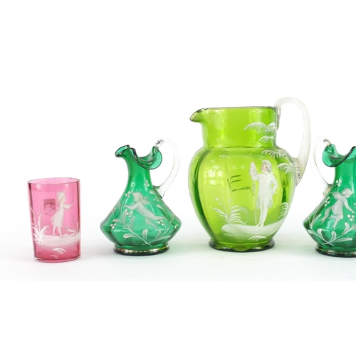 2389 - Victorian Mary Gregory glass including three jugs, the largest 17cm high