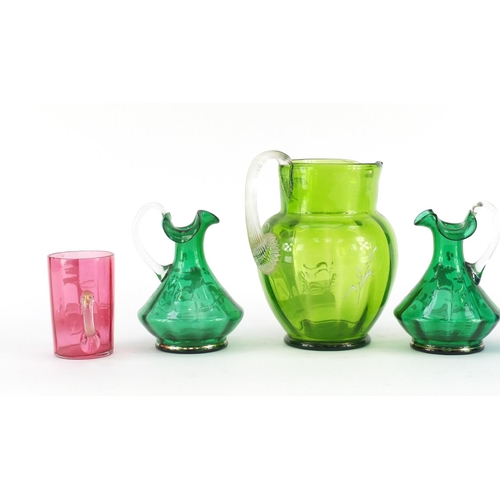 2389 - Victorian Mary Gregory glass including three jugs, the largest 17cm high