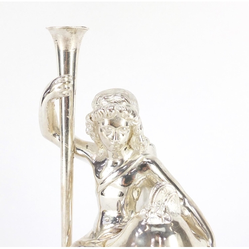 2166 - Silver coloured metal angel design posy holder and inkwell with glass liner, raised on circular marb... 