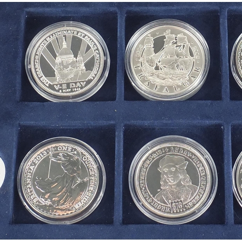 2637 - Eight silver proof commemorative coins including three one ounce Britannia two pounds and a V Day Im... 