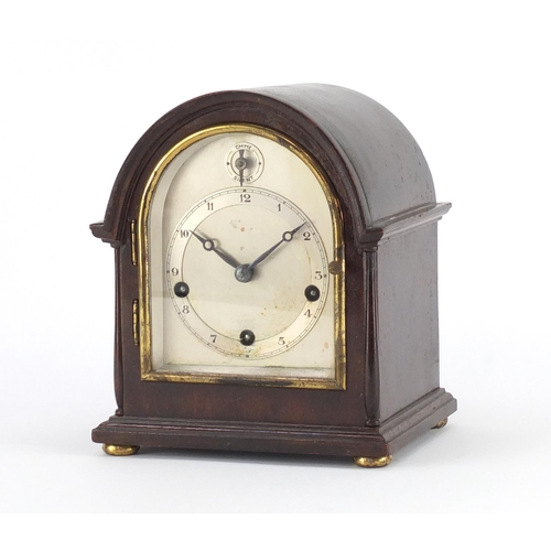 2392 - Mahogany Westminster chiming mantel clock of small proportions, with silvered dial and Arabic numera... 