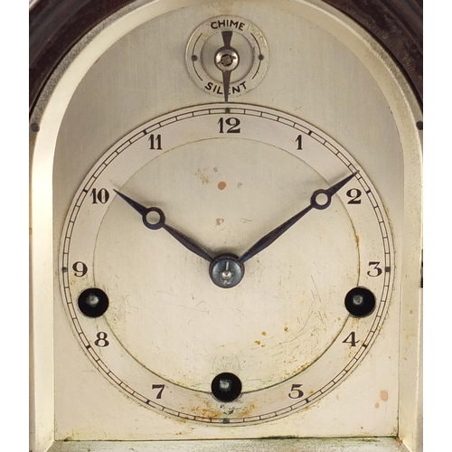 2392 - Mahogany Westminster chiming mantel clock of small proportions, with silvered dial and Arabic numera... 