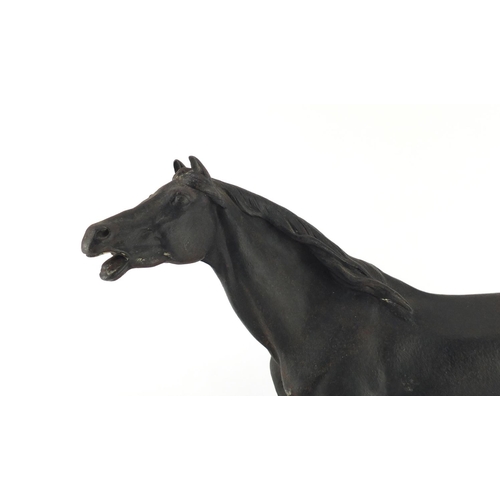 2384 - Large Russian bronzed study of a horse, signed to the base, 39cm in length