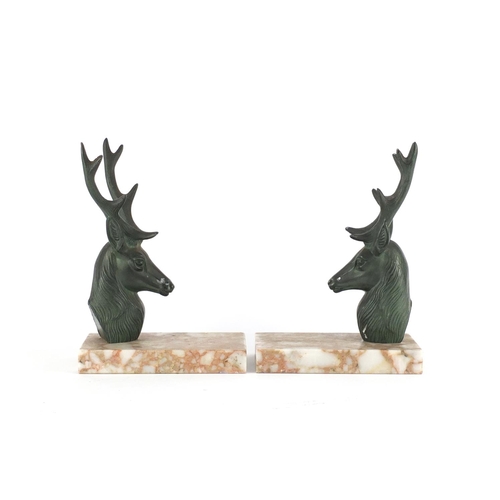 2393 - Pair of Art Deco style marble and stag head design bookends, each 19.5cm high