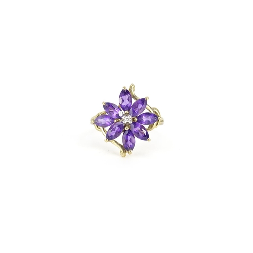 2810 - 9ct gold amethyst and diamond flower head ring, size T