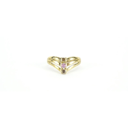 2816 - 9ct gold triple herringbone diamond and pink stone ring, size T, 2.6g