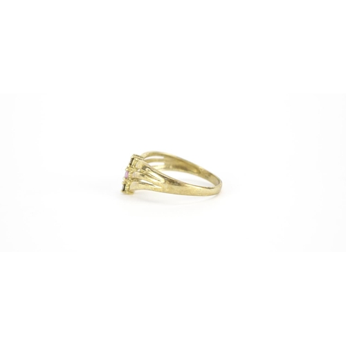 2816 - 9ct gold triple herringbone diamond and pink stone ring, size T, 2.6g