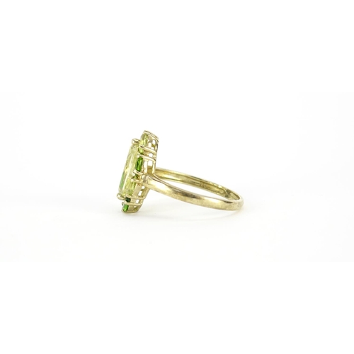 2716 - 9ct gold peridot and green stone ring, size T, 3.3g