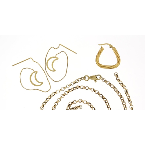 2733 - 9ct gold jewellery comprising belcher link necklace, pair of earrings and a hoop earring, 7.0g