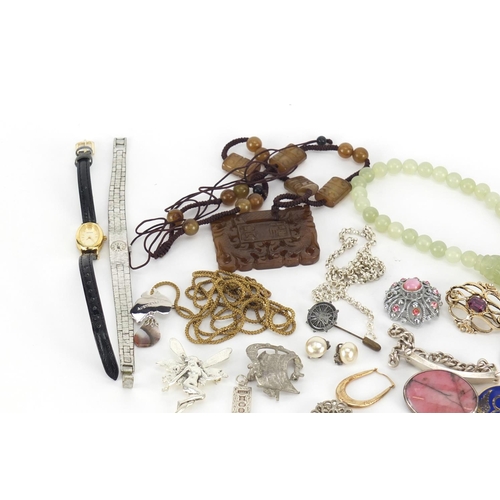 2942 - Costume jewellery including a 9ct gold hoop earring, a plique-á-jour enamel dragonfly brooch, silver... 