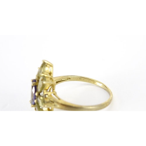 2726 - 9ct gold citrine, diamond and blue stone flower head ring, size T, 4.2g