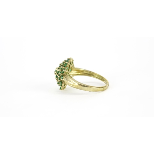 2785 - 9ct gold green stone cluster ring, size T, 3.9g