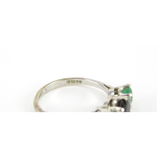 2714 - 9ct white gold sapphire and green stone ring, size P, 3.1g