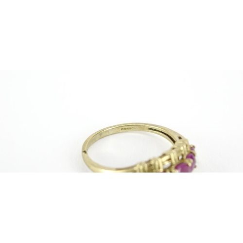 2930 - 9ct gold ruby five stone ring, size S, 3.0g