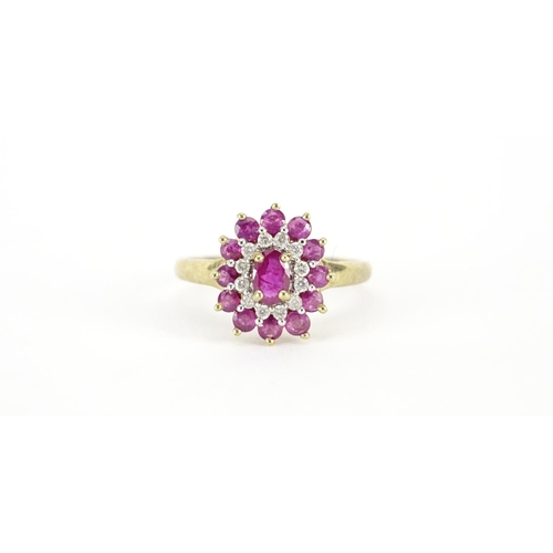2862 - 9ct gold ruby and diamond cluster ring, size T, 2.5g