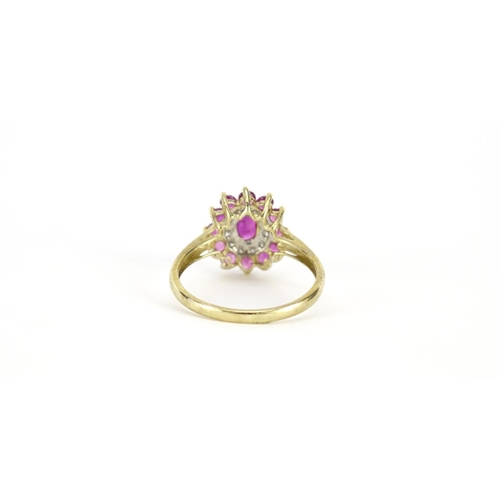 2862 - 9ct gold ruby and diamond cluster ring, size T, 2.5g