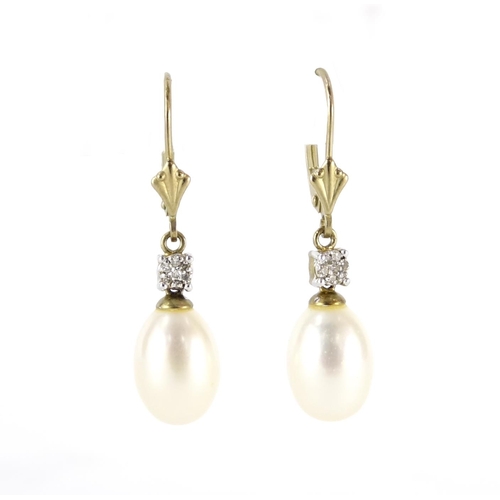 2695 - Pair of 9ct gold pearl and diamond drop earrings, 3.5cm long, 3.4g