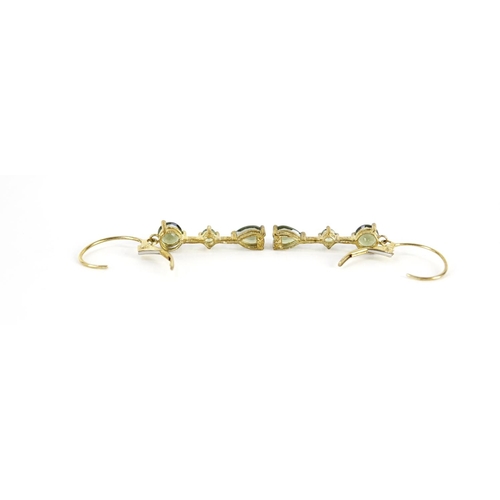 2705 - Pair of 9ct gold green stone drop earrings, 4cm long, 2.2g